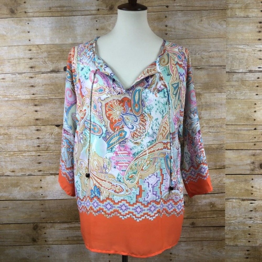 Saint Tropez West Orange and Blue Blouse SZ L